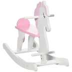 Kids rocking horse with pink saddle seat, white body, and curved rockers