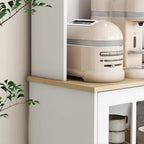 White kitchen cupboard with countertop and open cabinet shelf space