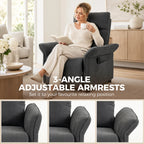 Dark grey recliner armchair with adjustable armrests and side pocket on the right