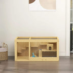 Natural wood hamster cage with internal platforms, hut, and ladder in a roomy layout