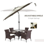 Brown and cream striped patio parasol with adjustable tilt and central crank pole