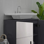 Light grey under-sink cabinet with door open to reveal interior storage compartment