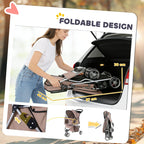 Foldable brown dog stroller with compact folding frame and open canopy design