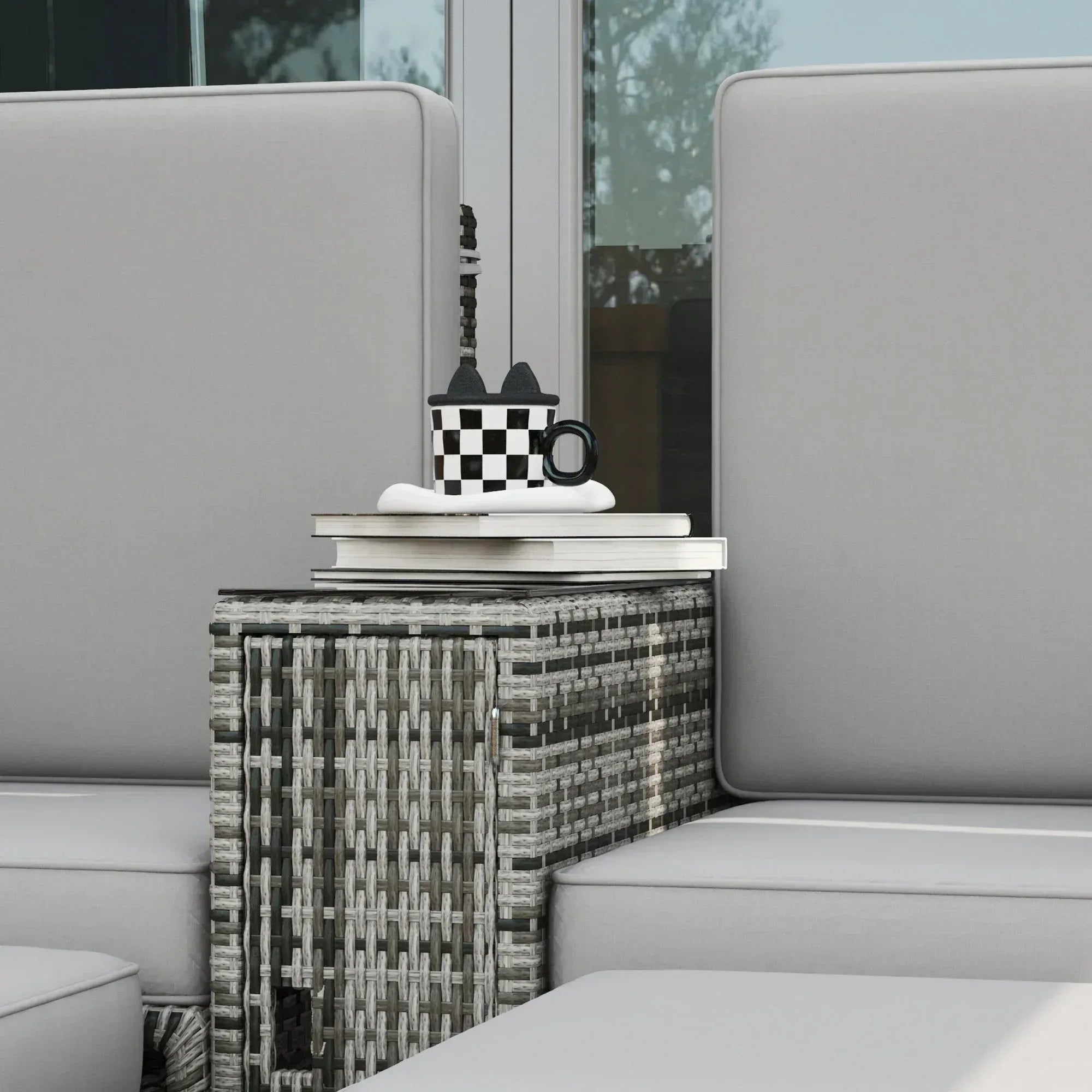 Rattan Sun Lounger w/ Storage Tea Table & Footstools, Grey - Bobobiy