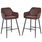 Set of 2 brown quilted PU leather bar stools with metal legs and built-in footrest