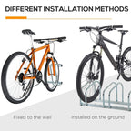 Silver 5-bike rack installed on ground or wall with bicycles in place