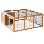 Outdoor rabbit hutch run cage with wooden frame, wire mesh panels, and asphalt roof