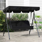 Black three-seat swing chair with canopy and padded seat, shown in outdoor setup
