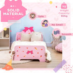 Pink toddler bed with princess bow headboard, heart and ice-cream prints; smooth rails and low front sides