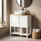 White under-sink bathroom cabinet with 2 doors and open shelf under a sink