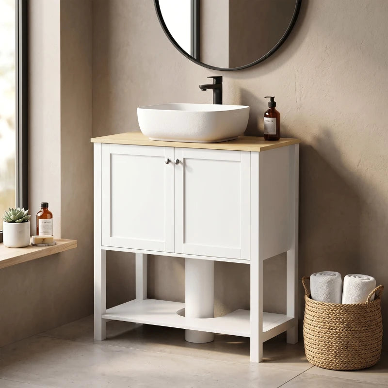 White under-sink bathroom cabinet with 2 doors and open shelf under a sink