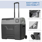 Grey portable cooler with telescopic handle and two wheels for easy rolling