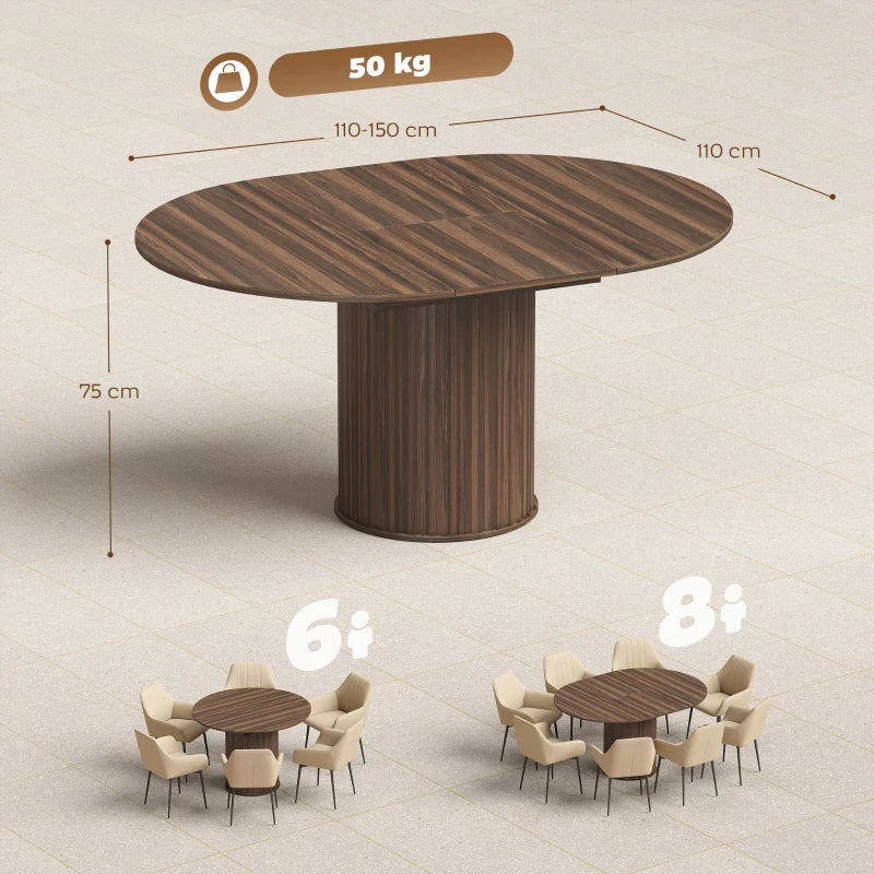 Dark walnut round dining table with pedestal base, extendable leaf design