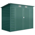Green metal storage shed with double doors, vents, and latching padlock-ready handle