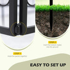 Black metal fence base with connector and bottom stake insertion for setup