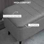 Grey linen-look storage ottoman bench with thick padded seat and steel legs