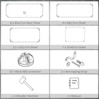 Modular storage unit kit parts diagram: panels, connectors, straps, hammer and manual