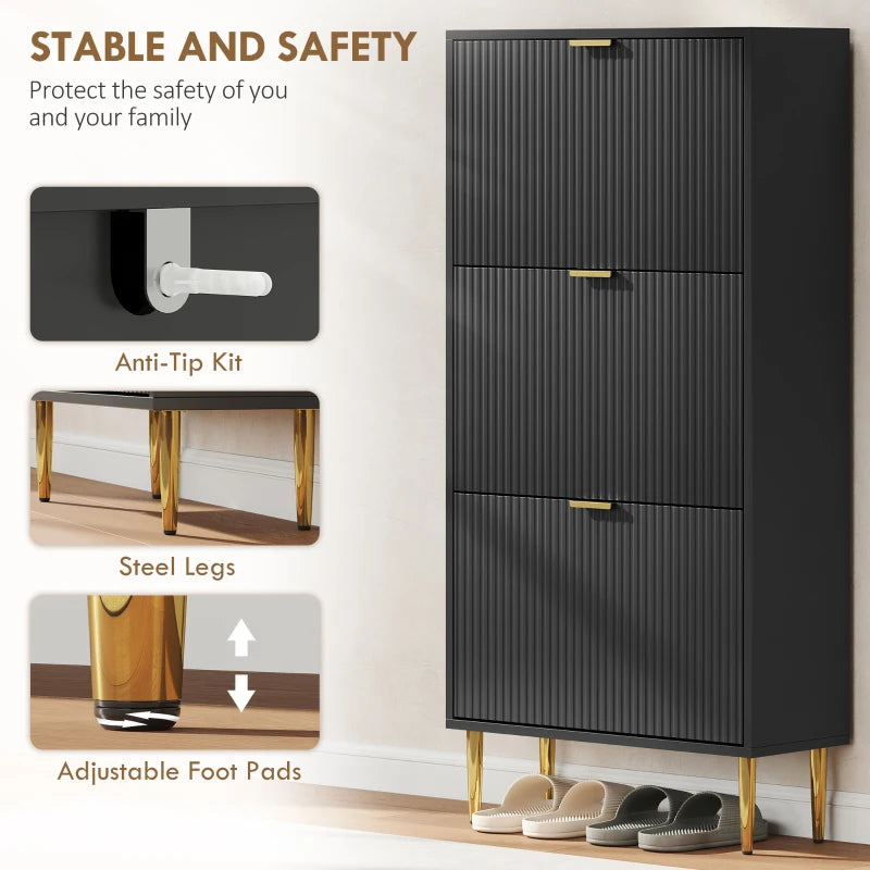 Black shoe cabinet with steel legs and adjustable foot pads, gold pull handles.