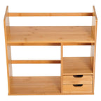 Bamboo desk organizer with open cubbies and two drawer storage