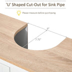 Wood-grain under-sink cabinet top with U-shaped cut-out for sink pipe