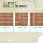 Brown interlocking wood deck tile layout options shown in multiple panel arrangements