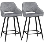 Set of 2 grey velvet counter-height bar stools with diamond-quilted back and cushioned seat