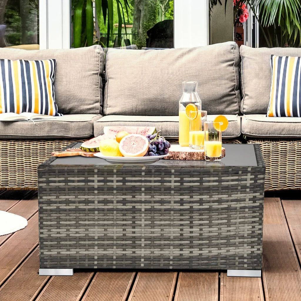 Square PE Wicker Rattan Table with Glass Top - Dark Grey - Bobobiy