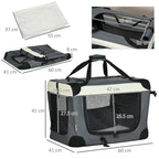Grey foldable pet carrier with dimensions and folded cushion layout