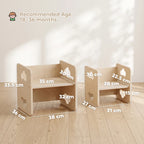 Natural wood toddler chair with cutout panels, showing compact tabletop height