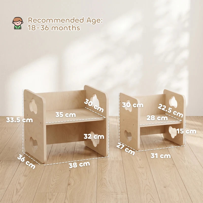 Natural wood toddler chair with cutout panels, showing compact tabletop height