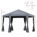 Grey hexagonal gazebo tent with mesh side panels and peaked canopy, open entry