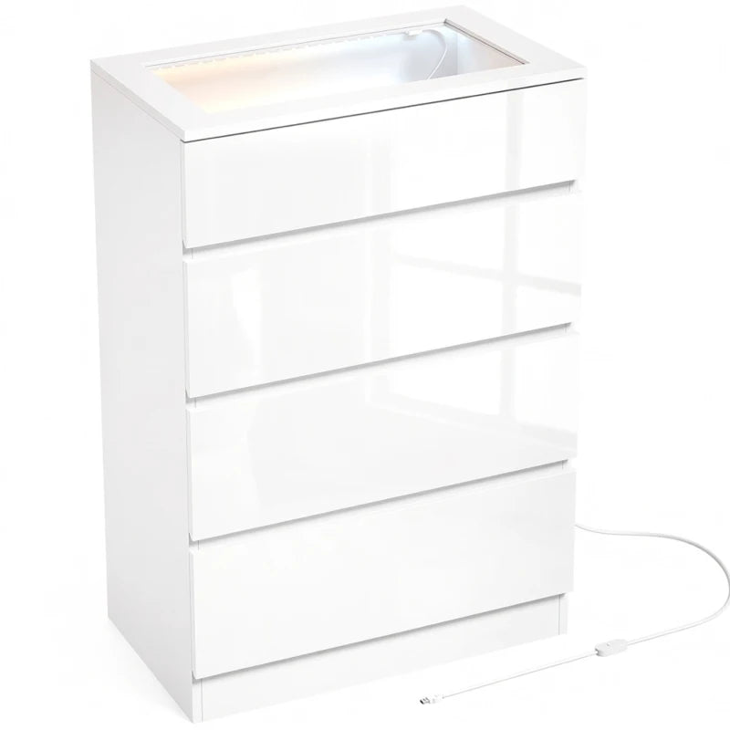White high-gloss 4-drawer chest with transparent glass top and sleek side panels