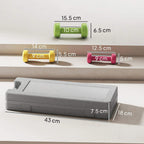 Color hex dumbbells and gray storage case with size dimensions shown