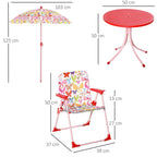 Kids bistro set layout: butterfly umbrella, round table, and foldable chairs with sizes