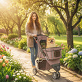 Brown 3-wheel pet stroller with adjustable canopy and front mesh window