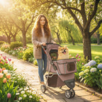 Brown 3-wheel pet stroller with adjustable canopy and front mesh window