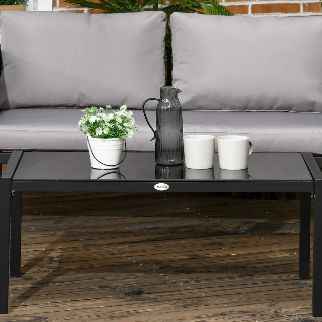 Outsunny 4 Piece Metal Garden Furniture Set with Tempered Glass Coffee Table, Texteline Pocket, Outdoor Set Loveseat