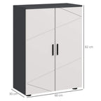 Grey and white two-door bathroom cabinet with dark handles; size 60 x 30 x 82 cm.