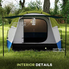 Tent front interior view with lantern hook area, green top and white/blue walls