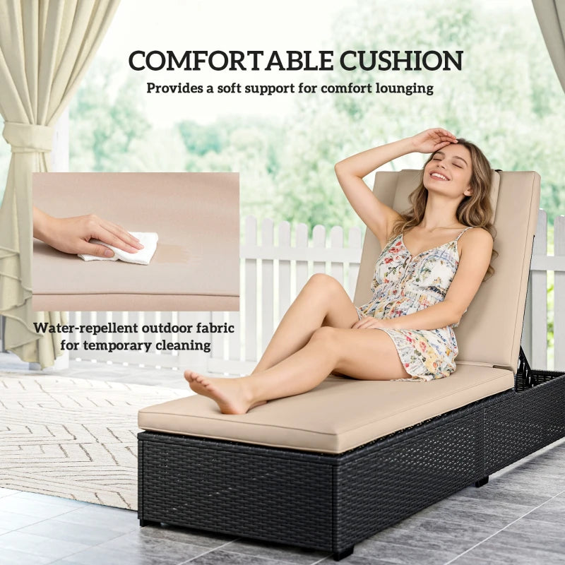 Beige outdoor cushion on black woven sun lounger with removable cover look