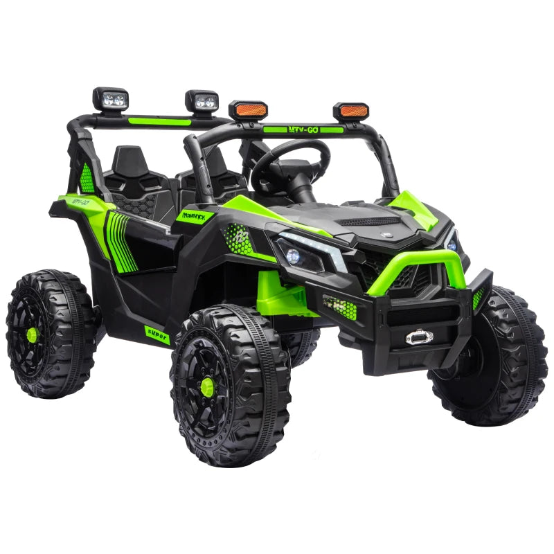 Green two-seat ride-on off-road truck with dual controls and front headlights