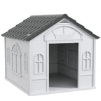 Grey plastic dog house with arched side panels and front doorway, open interior