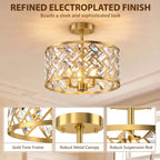 Gold-tone ceiling light with refined electroplated finish, crystal prism lattice frame