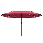 Wine red double-canopy patio umbrella with solar LED lights along ribs