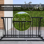 Black bike rack floor stand with evenly spaced vertical bars for different bike sizes