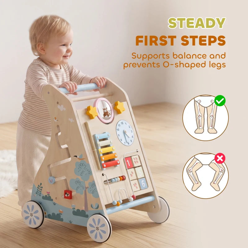 Wooden push-along activity walker with stable base and learning board