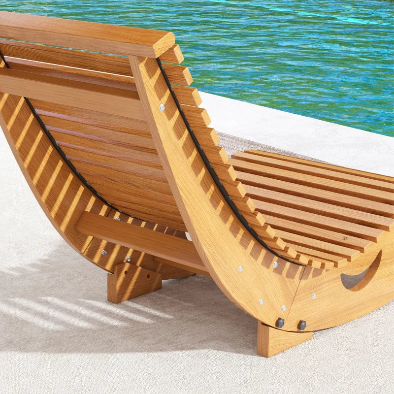 Close-up of wooden rocking chair side with slatted seat and curved metal-free rock frame