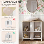 White under-sink cabinet with U-shaped cut-out and open shelf for pedestal sinks