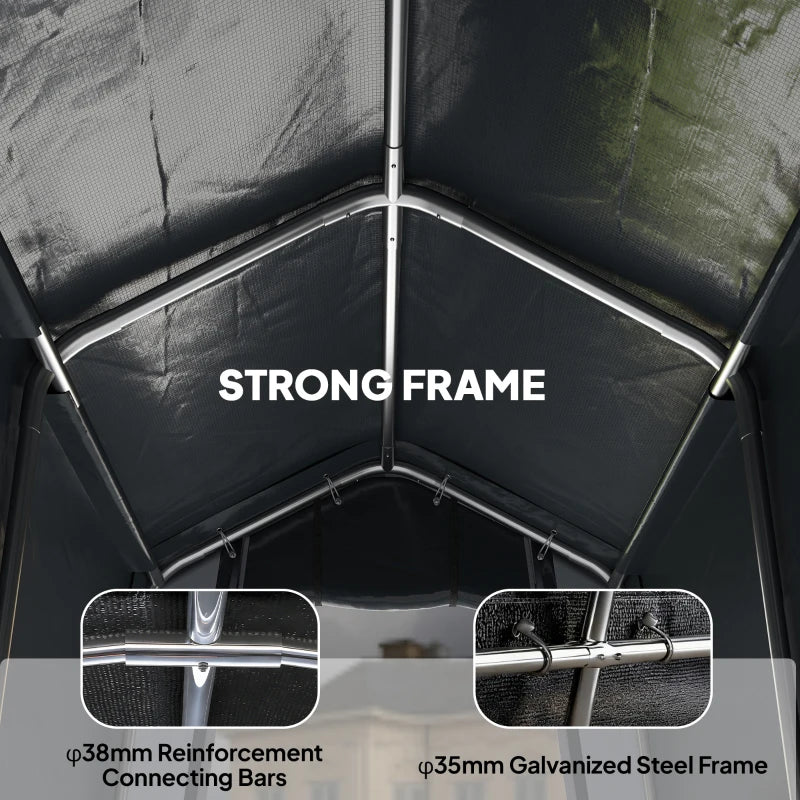 Interior of grey storage shed tent showing strong metal frame supports
