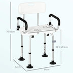 White shower chair with backrest and padded flip-up arms on height-adjustable legs